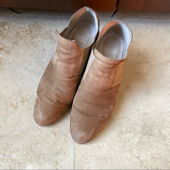 Eileen Fisher Camel Suede Leather Ankle Boots 2” Block Heel - Picture 4 of 5